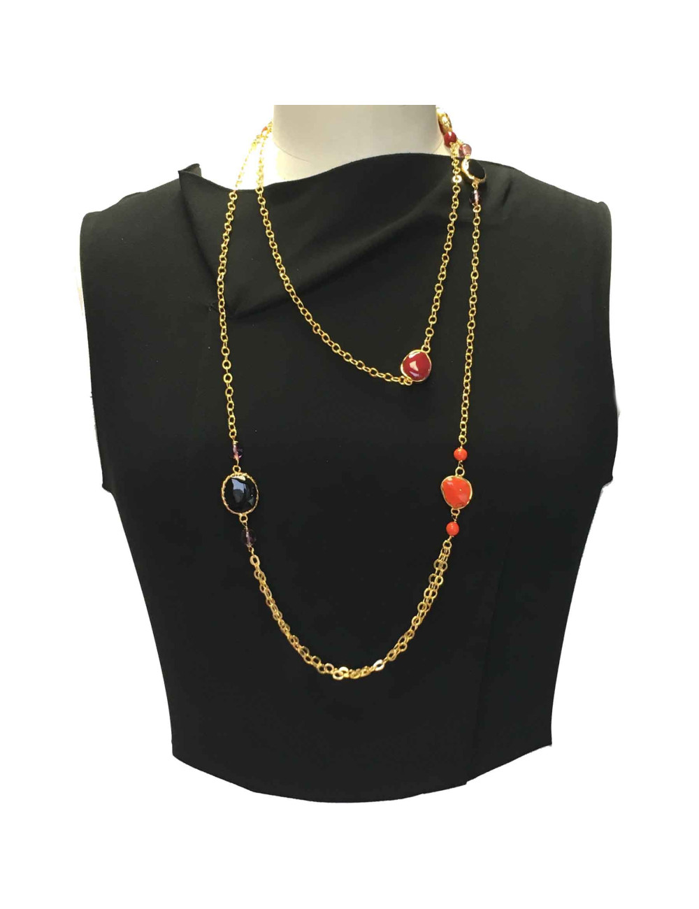 Sautoir MARGUERTE DE VALOIS en métal doré et pâte de verre multicolore