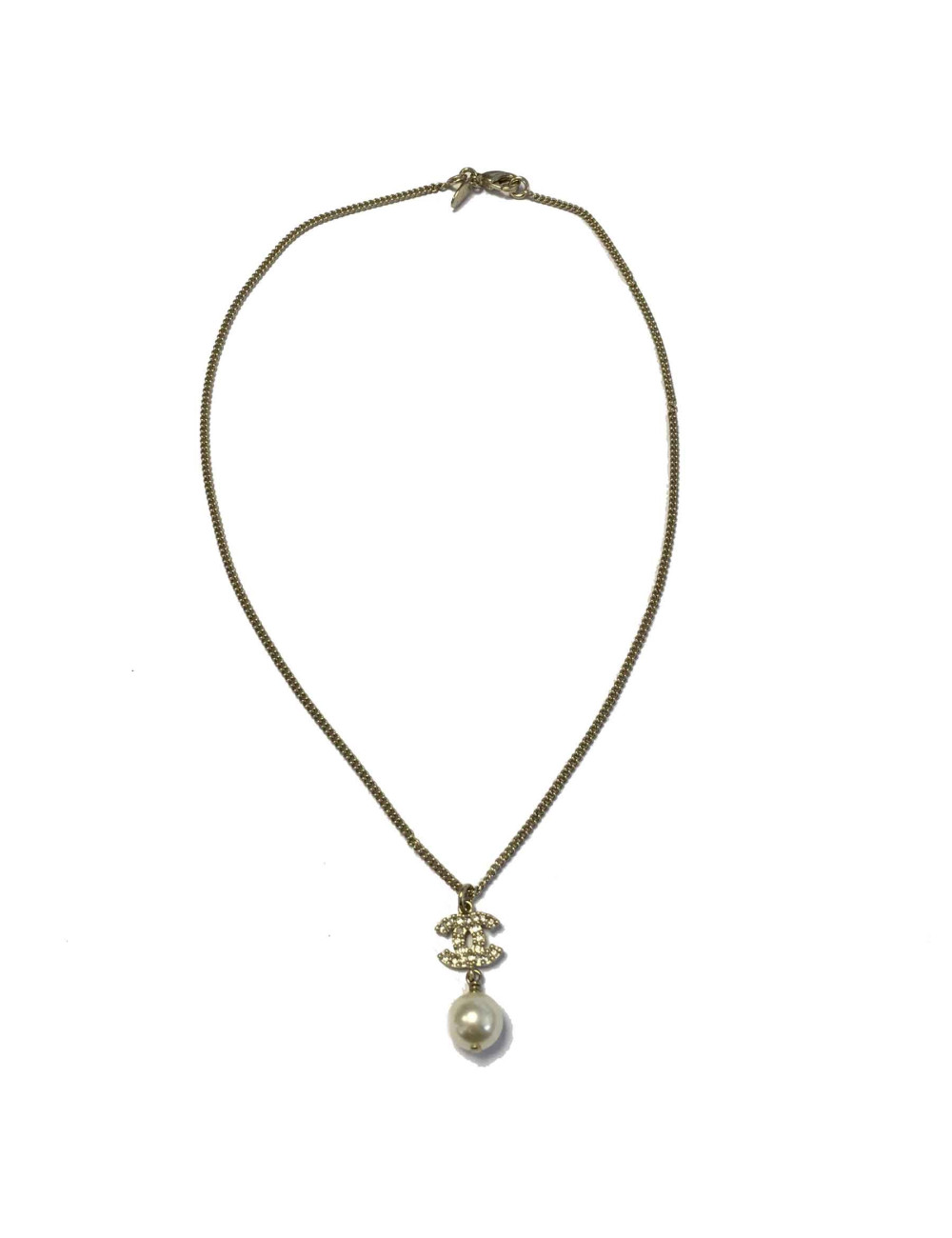 Collier CHANEL CC strass, perle nacrée et métal doré