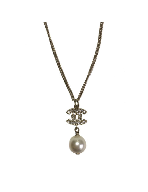 Collier CHANEL CC strass, perle nacrée et métal doré