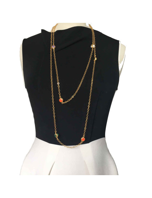 Sautoir MARGUERITE DE VALOIS pâte de verre multicolore et métal doré à l'or fin