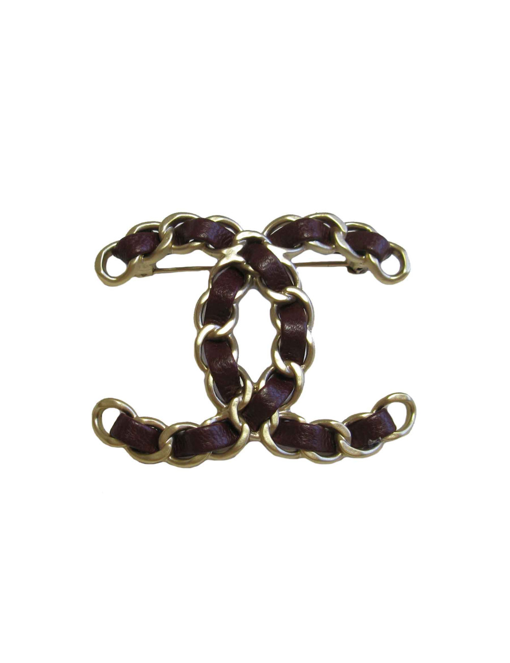 Broche CHANEL CC chaine dorée et cuir bordeaux