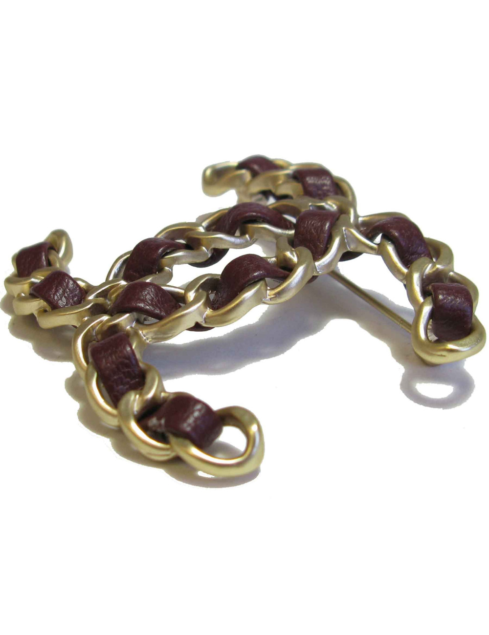 Broche CHANEL CC chaine dorée et cuir bordeaux