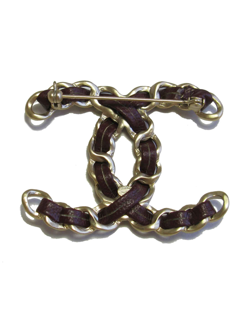 Broche CHANEL CC chaine dorée et cuir bordeaux