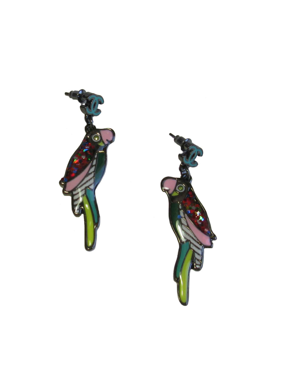 Boucles d'oreille clous CHANEL perroquet "Paris-Cuba"