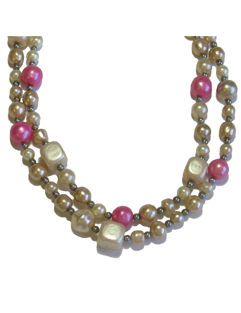 Collier CHANEL double rang de perles nacrées, grises et rose vintage