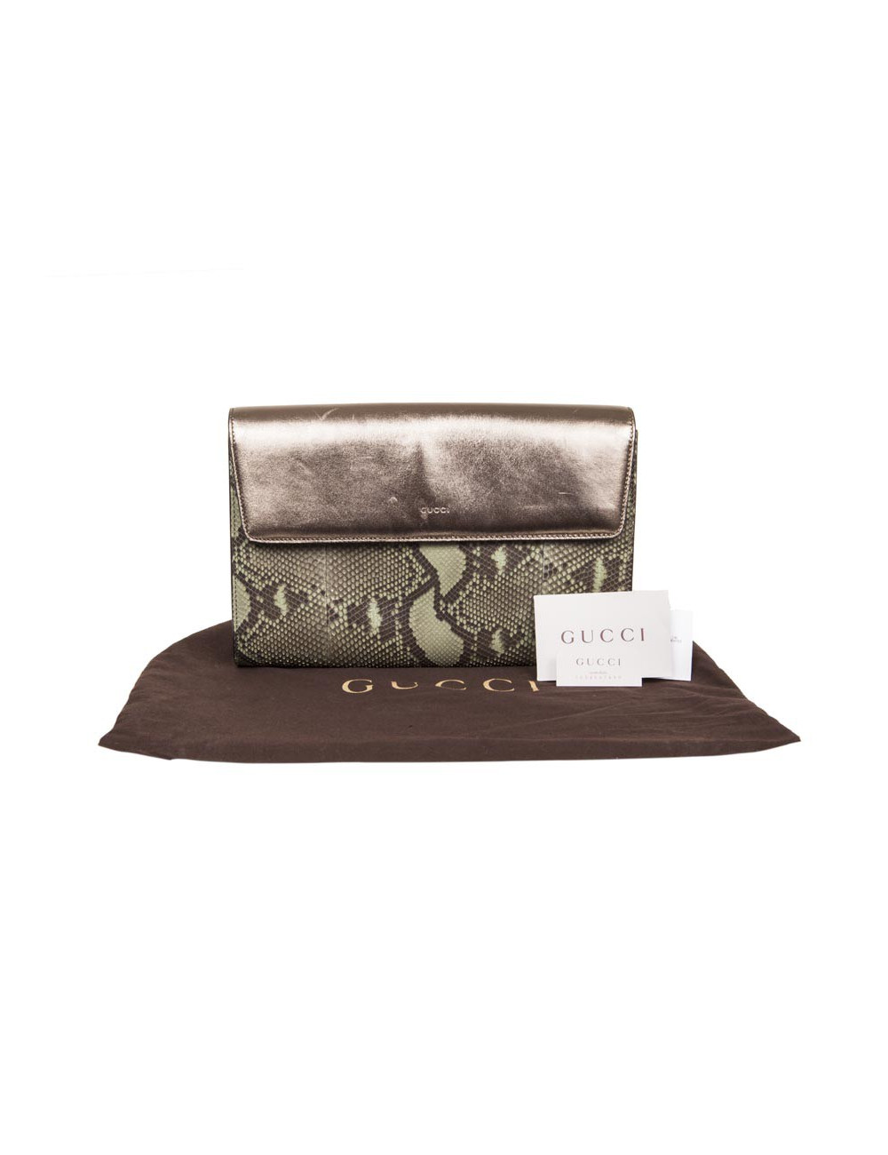 GUCCI green and bronze python clutch