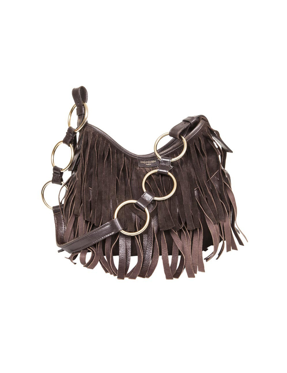 Sac YSL SAINT LAURENT en veau velours marron à franges