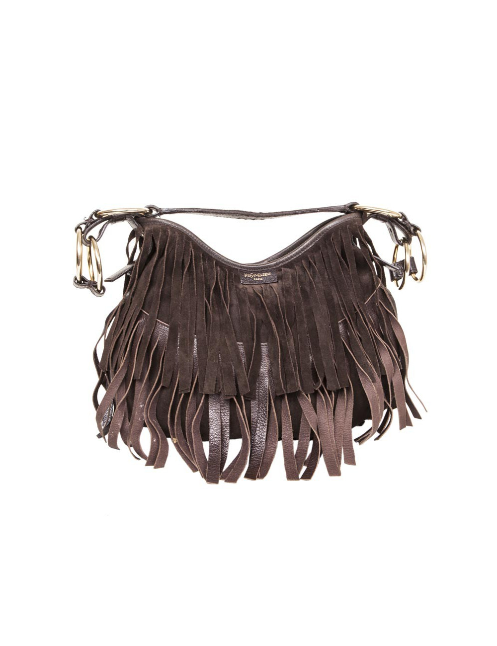 Sac YSL SAINT LAURENT en veau velours marron à franges