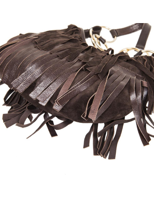 Sac YSL SAINT LAURENT en veau velours marron à franges