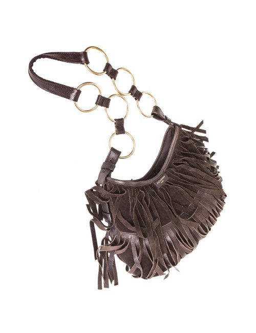 Sac YSL SAINT LAURENT en veau velours marron à franges