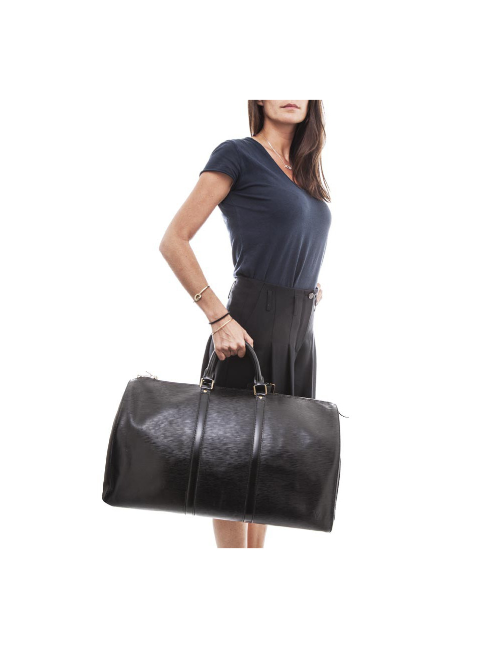 Sac Keepall  60 LOUIS VUITTON vintage cuir épi noir