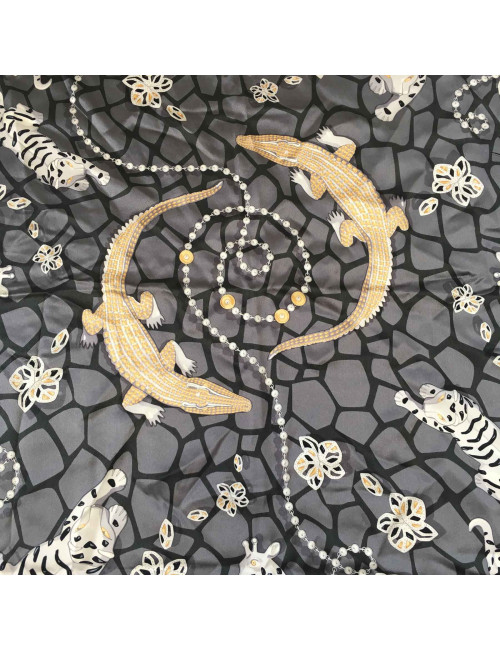 CARTIER 'Panthere" scarf in black gray and gold silk