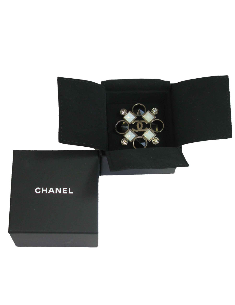 Broche CHANEL en ruthénium et strass noirs, transparents et blanc nacré