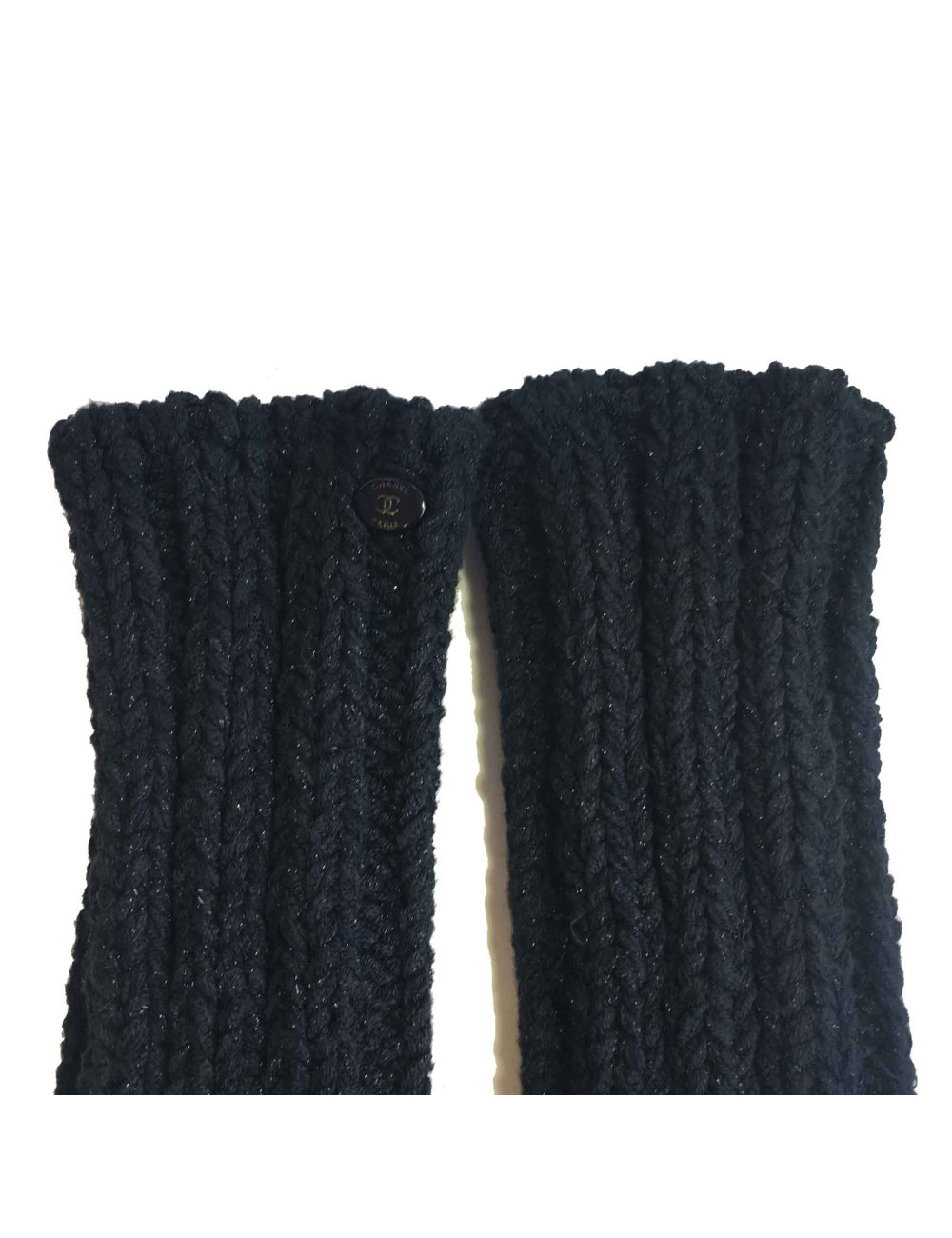 CHANEL Size 2 long knitted mittens in black cotton, cashmere and silk and silver threads 