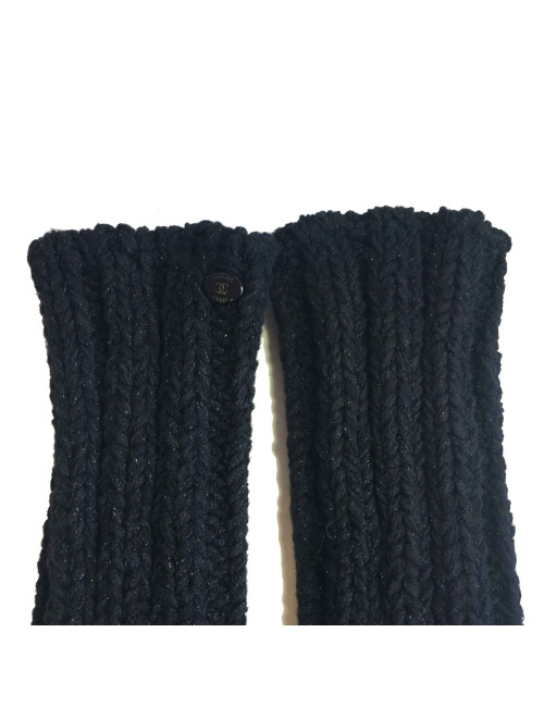 Mitaines T2 CHANEL en coton cachemire et soie noire et fils argentés