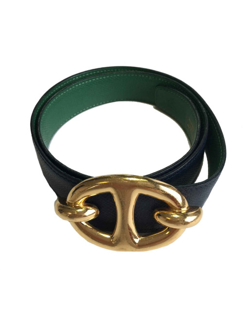 Ceinture HERMES réversible T70 en cuir vert et bleu nuit