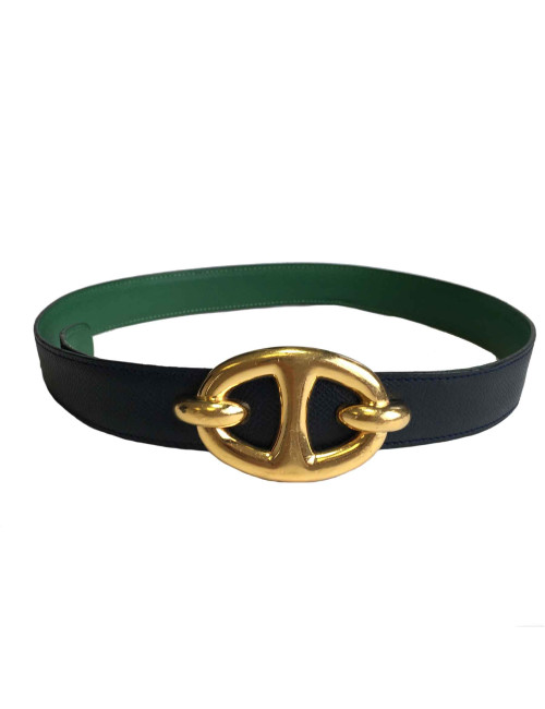 Ceinture HERMES réversible T70 en cuir vert et bleu nuit