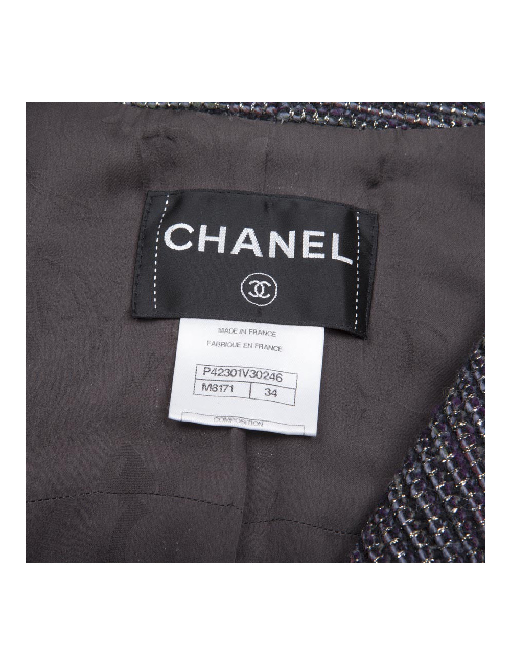 CHANEL Coat dress in purple tweed and pale gold threads size 34FR