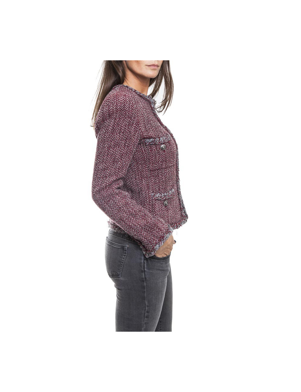 Veste CHANEL T 36 "Paris-Venise" Tweed à chevrons rouge blanc et gris