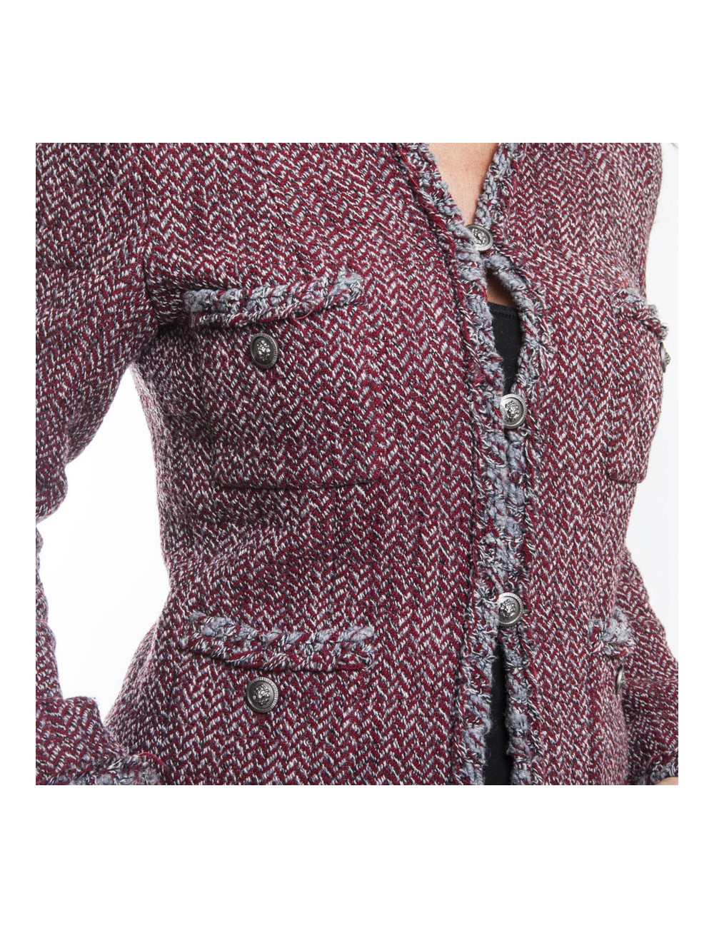 Veste CHANEL T 36 "Paris-Venise" Tweed à chevrons rouge blanc et gris