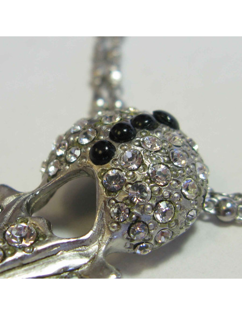 Collier CHRISTIAN LACROIX en métal argenté pendentif serti de brillant et perles noires