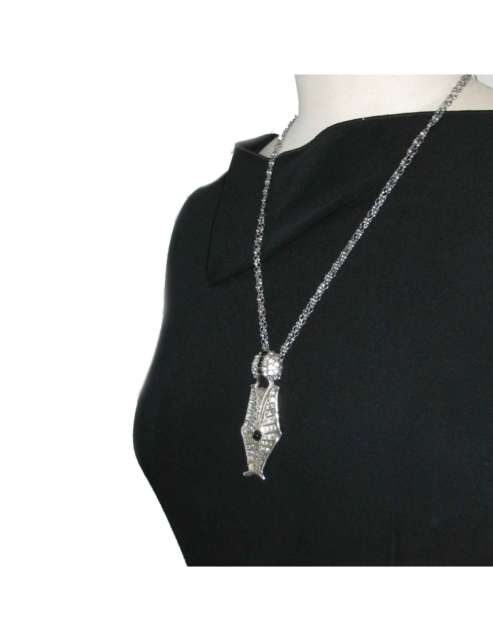 Collier CHRISTIAN LACROIX en métal argenté pendentif serti de brillant et perles noires