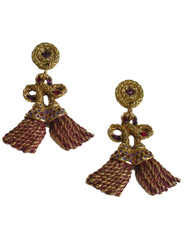 Boucles d'oreille clips F.VOLLE vintage en métal doré et résine bordeaux et violette 2