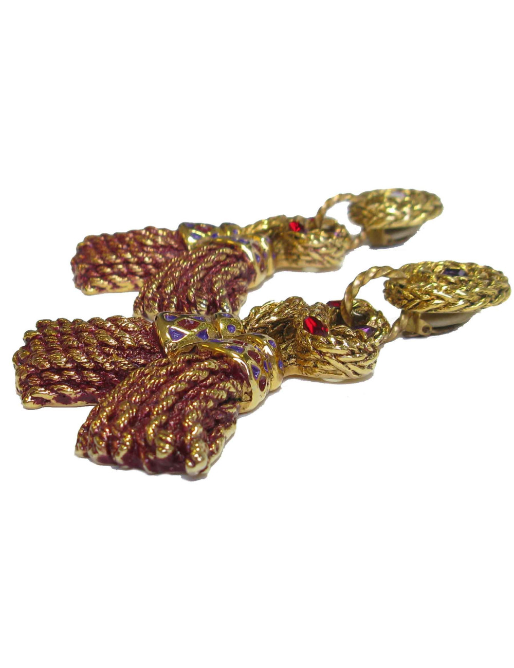 Boucles d'oreille clips F.VOLLE vintage en métal doré et résine bordeaux et violette