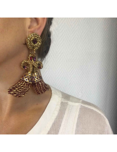 Boucles d'oreille clips F.VOLLE vintage en métal doré et résine bordeaux et violette