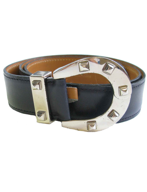 Ceinture HERMES  T72 en cuir box bleu marine et fer à cheval clouté