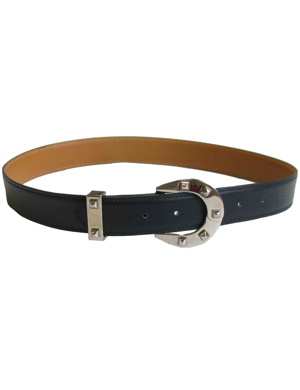 Ceinture HERMES  T72 en cuir box bleu marine et fer à cheval clouté