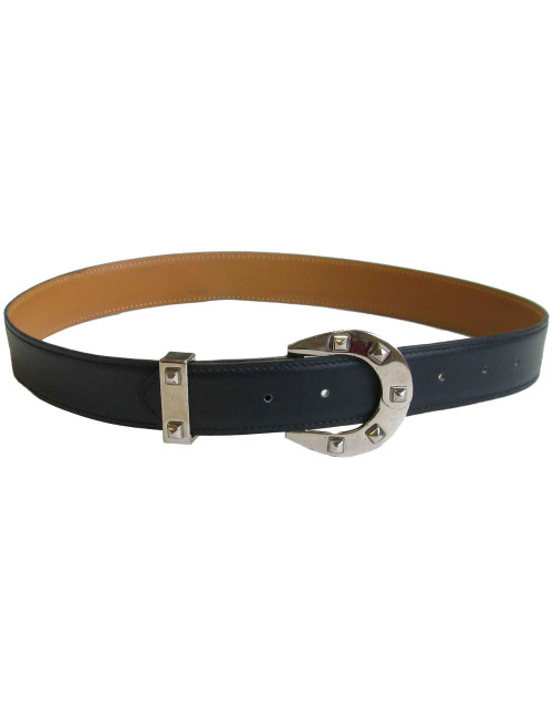 Ceinture HERMES  T72 en cuir box bleu marine et fer à cheval clouté