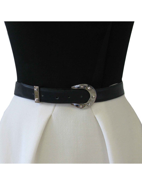 Ceinture HERMES  T72 en cuir box bleu marine et fer à cheval clouté