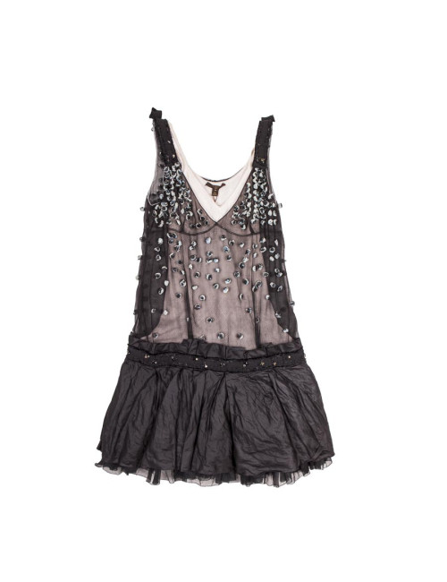 Robe LOUIS VUITTON en soie noire avec petites fleurs bleues