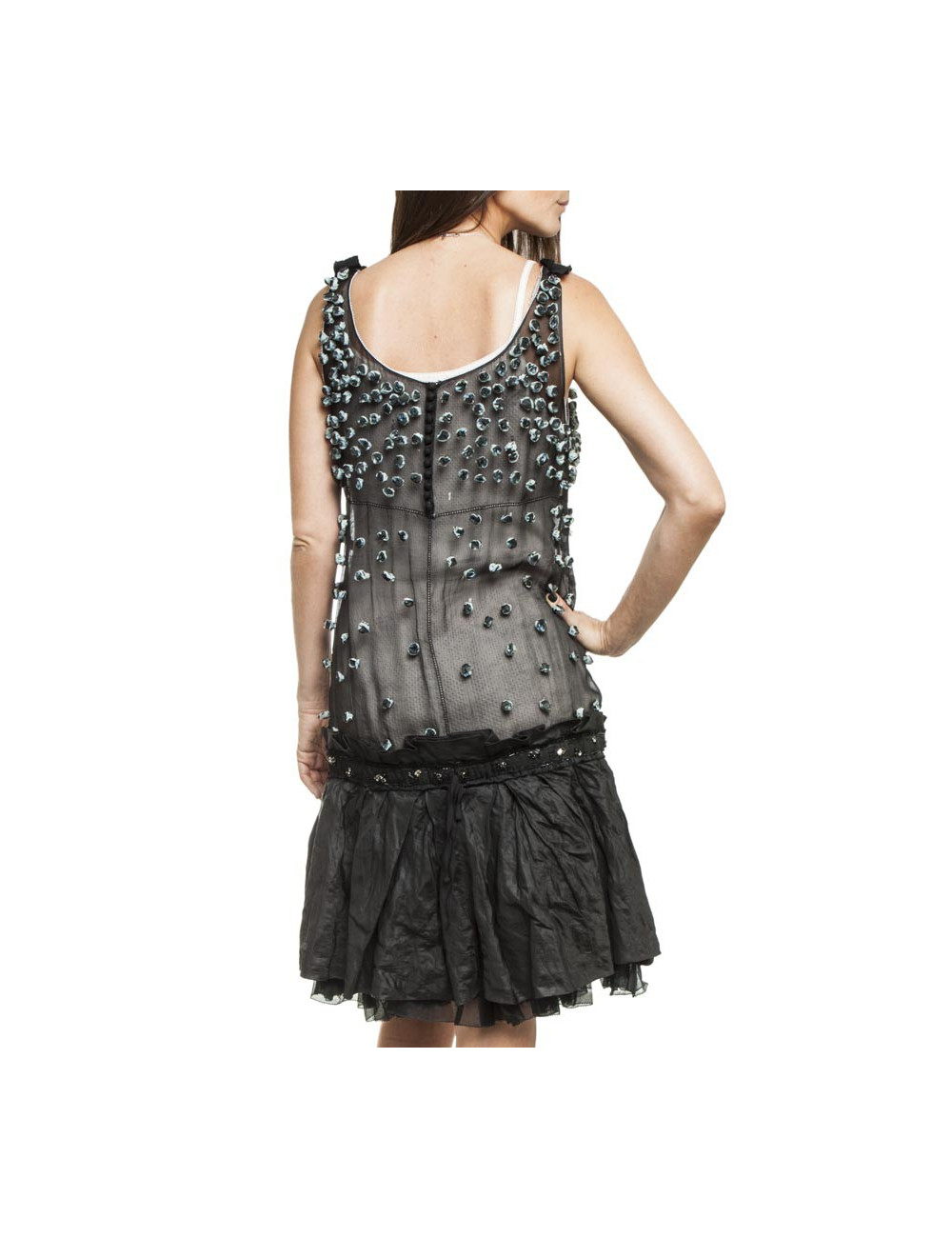 LOUIS VUITTON black silk dress with small blue flowers 