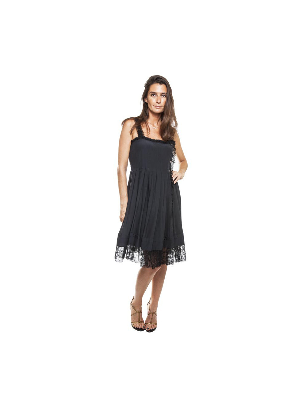 Robe portefeuille plissée  de cocktail CHANEL T 38 en soie noire