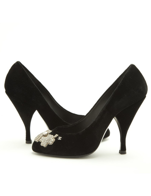 Escarpins CHANEL Couture T 37.5 velours noir et broderies