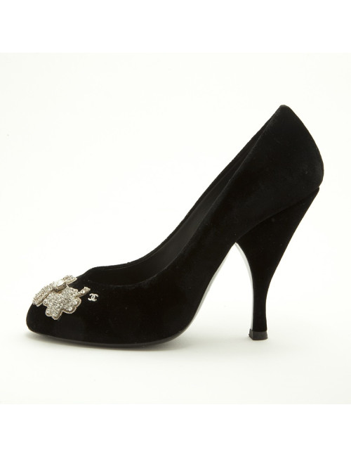 Escarpins CHANEL Couture T 37.5 velours noir et broderies
