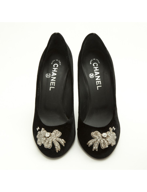 Escarpins CHANEL Couture T 37.5 velours noir et broderies