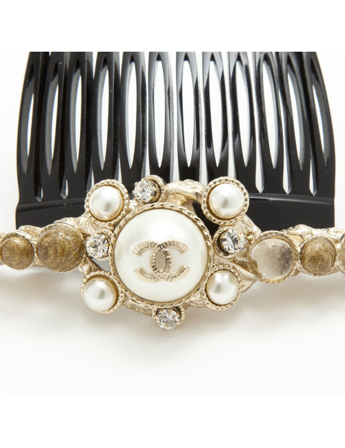 Peigne broche à cheveux CHANEL perles nacrées et strass