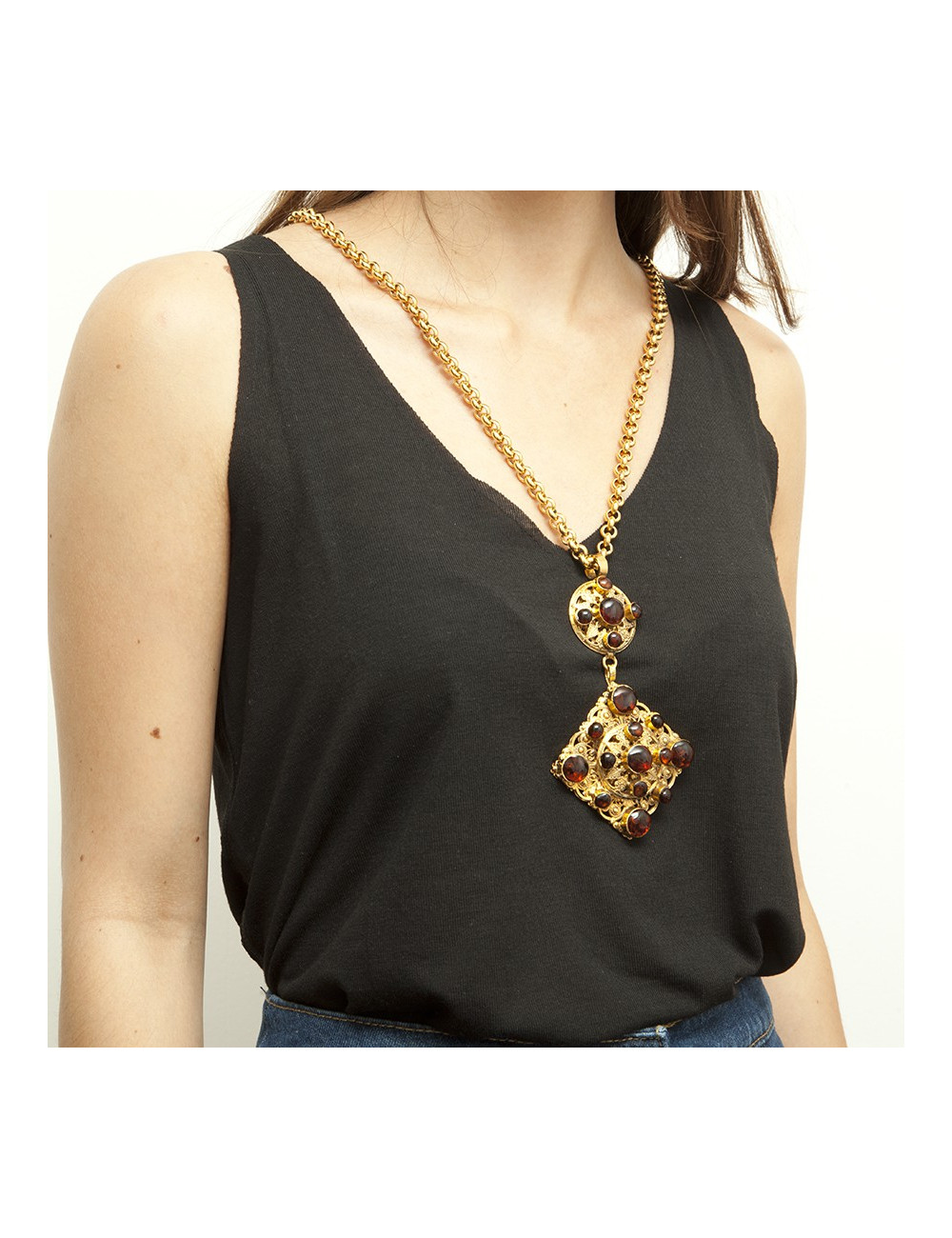 MARGUERITE DE VALOIS long necklace couture in gold plated metal and pendant in molten glass