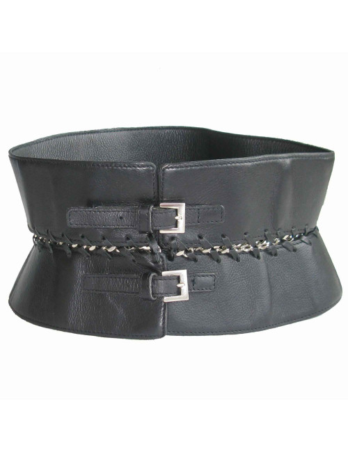 Ceinture JEAN PAUL GAULTIER Vintage T75 en cuir noir et métal argenté