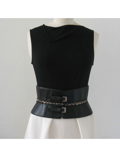 Ceinture JEAN PAUL GAULTIER Vintage T75 en cuir noir et métal argenté