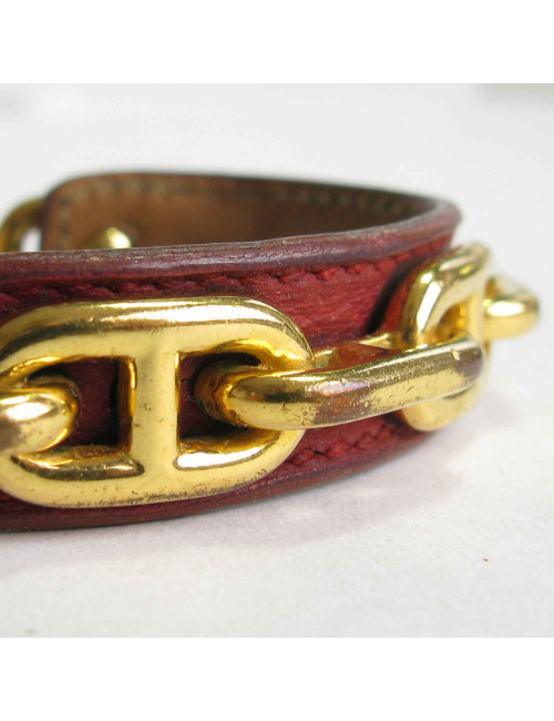 Bracelet HERMES cuir gold et chaînes d'ancre métal doré