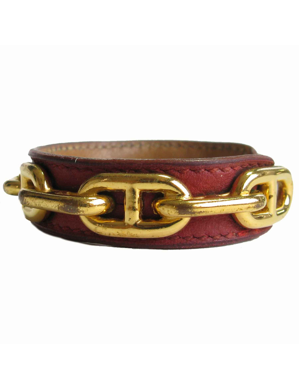 Bracelet HERMES en cuir bordeaux et chaîne d'ancre métal doré