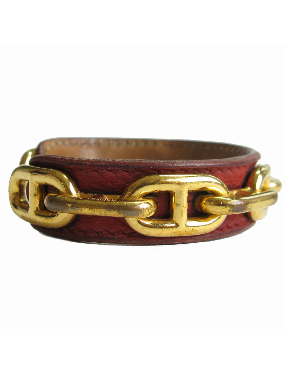 Bracelet HERMES cuir gold et chaînes d'ancre métal doré