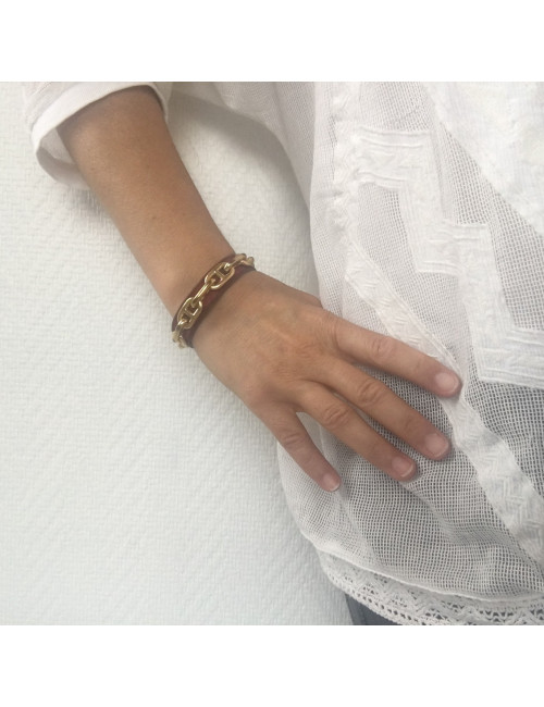 Bracelet HERMES en cuir bordeaux et chaîne d'ancre métal doré
