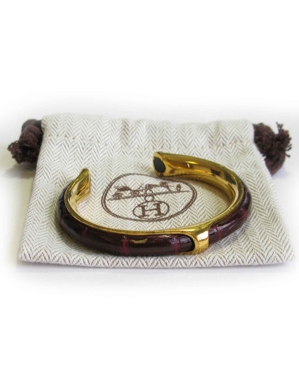 Bracelet HERMES plaqué or et croco rouge H Vintage