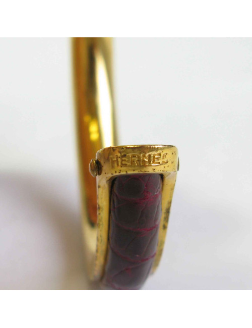 Bracelet HERMES plaqué or et croco rouge H Vintage