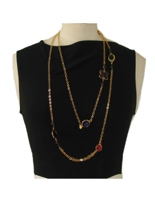 Sautoir MARGUERITE DE VALOIS en plaqué or et en pâte de verre 